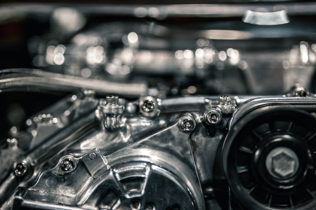 Polished engine components in close detail