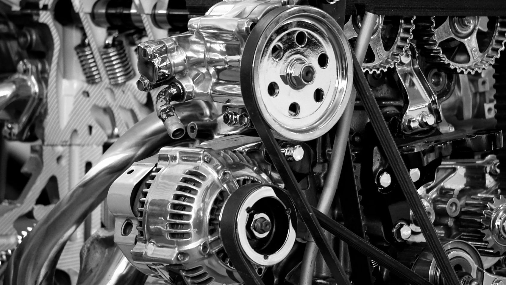 Close-up of a precision automotive engine — detailed components
